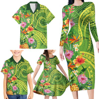 Polynesian Tribal Flower Tattoo Family Matching Long Sleeve Bodycon Dress and Hawaiian Shirt Special Lime Green Vibe LT9 - Polynesian Pride