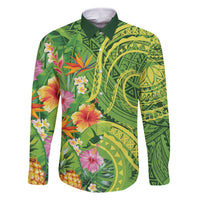 Polynesian Tribal Flower Tattoo Family Matching Off The Shoulder Long Sleeve Dress and Hawaiian Shirt Special Lime Green Vibe LT9 Dad's Shirt - Long Sleeve Lime Green - Polynesian Pride