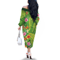 Polynesian Tribal Flower Tattoo Family Matching Off The Shoulder Long Sleeve Dress and Hawaiian Shirt Special Lime Green Vibe LT9 - Polynesian Pride