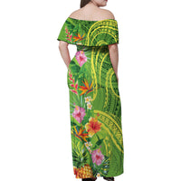 Polynesian Tribal Flower Tattoo Family Matching Off Shoulder Maxi Dress and Hawaiian Shirt Special Lime Green Vibe LT9 - Polynesian Pride