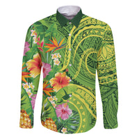 Polynesian Tribal Flower Tattoo Family Matching Short Sleeve Bodycon Dress and Hawaiian Shirt Special Lime Green Vibe LT9 Dad's Shirt - Long Sleeve Lime Green - Polynesian Pride