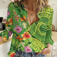 Polynesian Tribal Flower Tattoo Women Casual Shirt Special Lime Green Vibe LT9 Female Lime Green - Polynesian Pride