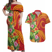 Polynesian Tribal Flower Tattoo Couples Matching Off Shoulder Maxi Dress and Hawaiian Shirt Special Vermilion Vibe LT9 Brownish-red - Polynesian Pride