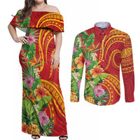 Polynesian Tribal Flower Tattoo Couples Matching Off Shoulder Maxi Dress and Long Sleeve Button Shirt Special Vermilion Vibe
