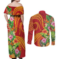 Polynesian Tribal Flower Tattoo Couples Matching Off Shoulder Maxi Dress and Long Sleeve Button Shirt Special Vermilion Vibe