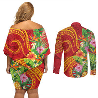 Polynesian Tribal Flower Tattoo Couples Matching Off Shoulder Short Dress and Long Sleeve Button Shirt Special Vermilion Vibe