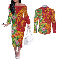 Polynesian Tribal Flower Tattoo Couples Matching Off The Shoulder Long Sleeve Dress and Long Sleeve Button Shirt Special Vermilion Vibe LT9 Brownish-red - Polynesian Pride