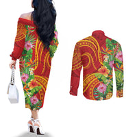 Polynesian Tribal Flower Tattoo Couples Matching Off The Shoulder Long Sleeve Dress and Long Sleeve Button Shirt Special Vermilion Vibe LT9 - Polynesian Pride