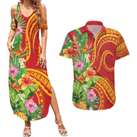 Polynesian Tribal Flower Tattoo Couples Matching Summer Maxi Dress and Hawaiian Shirt Special Vermilion Vibe LT9 Brownish-red - Polynesian Pride