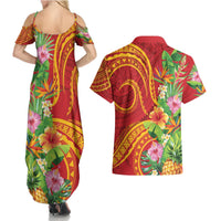 Polynesian Tribal Flower Tattoo Couples Matching Summer Maxi Dress and Hawaiian Shirt Special Vermilion Vibe LT9 - Polynesian Pride