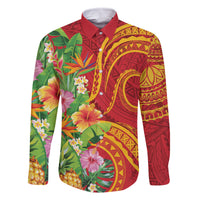 Polynesian Tribal Flower Tattoo Family Matching Mermaid Dress and Hawaiian Shirt Special Vermilion Vibe LT9 Dad's Shirt - Long Sleeve Brownish-red - Polynesian Pride
