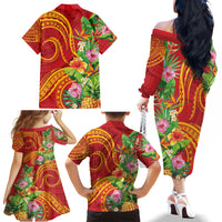 Polynesian Tribal Flower Tattoo Family Matching Off The Shoulder Long Sleeve Dress and Hawaiian Shirt Special Vermilion Vibe LT9 - Polynesian Pride