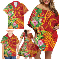 Polynesian Tribal Flower Tattoo Family Matching Off Shoulder Short Dress and Hawaiian Shirt Special Vermilion Vibe LT9 - Polynesian Pride