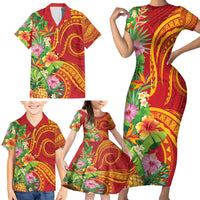 Polynesian Tribal Flower Tattoo Family Matching Short Sleeve Bodycon Dress and Hawaiian Shirt Special Vermilion Vibe LT9 - Polynesian Pride