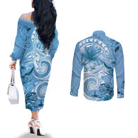 Polynesian Hibiscus Flower Tribal Couples Matching Off The Shoulder Long Sleeve Dress and Long Sleeve Button Shirt Blue Color