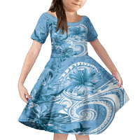 Polynesian Hibiscus Flower Tribal Family Matching Long Sleeve Bodycon Dress and Hawaiian Shirt Blue Color LT9 Daughter's Dress Blue - Polynesian Pride