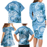 Polynesian Hibiscus Flower Tribal Family Matching Long Sleeve Bodycon Dress and Hawaiian Shirt Blue Color LT9 - Polynesian Pride