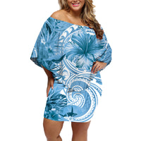 Polynesian Hibiscus Flower Tribal Family Matching Off Shoulder Short Dress and Hawaiian Shirt Blue Color LT9 Mom's Dress Blue - Polynesian Pride