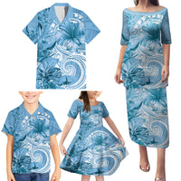Polynesian Hibiscus Flower Tribal Family Matching Puletasi and Hawaiian Shirt Blue Color LT9 - Polynesian Pride