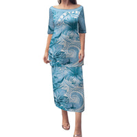 Polynesian Hibiscus Flower Tribal Family Matching Puletasi and Hawaiian Shirt Blue Color LT9 Mom's Dress Blue - Polynesian Pride
