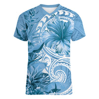 Polynesian Hibiscus Flower Tribal Women V Neck T Shirt Blue Color