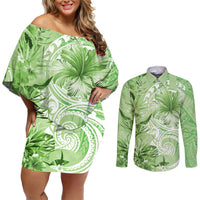 Polynesian Hibiscus Flower Tribal Couples Matching Off Shoulder Short Dress and Long Sleeve Button Shirt Lime Green Color