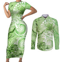 Polynesian Hibiscus Flower Tribal Couples Matching Short Sleeve Bodycon Dress and Long Sleeve Button Shirt Lime Green Color