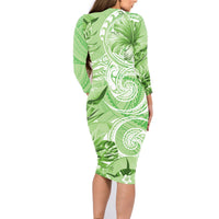 Polynesian Hibiscus Flower Tribal Family Matching Long Sleeve Bodycon Dress and Hawaiian Shirt Lime Green Color LT9 - Polynesian Pride