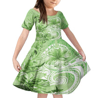 Polynesian Hibiscus Flower Tribal Family Matching Off Shoulder Maxi Dress and Hawaiian Shirt Lime Green Color LT9 Daughter's Dress Lime Green - Polynesian Pride
