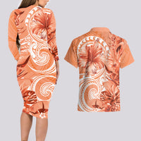 Polynesian Hibiscus Flower Tribal Couples Matching Long Sleeve Bodycon Dress and Hawaiian Shirt Peach Color LT9 - Polynesian Pride