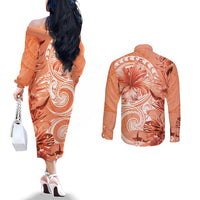 Polynesian Hibiscus Flower Tribal Couples Matching Off The Shoulder Long Sleeve Dress and Long Sleeve Button Shirt Peach Color