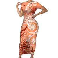 Polynesian Hibiscus Flower Tribal Family Matching Short Sleeve Bodycon Dress and Hawaiian Shirt Peach Color LT9 Mom's Dress Peach - Polynesian Pride