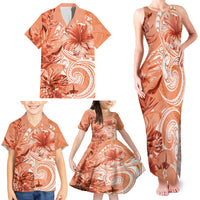 Polynesian Hibiscus Flower Tribal Family Matching Tank Maxi Dress and Hawaiian Shirt Peach Color LT9 - Polynesian Pride
