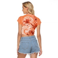 Polynesian Hibiscus Flower Tribal Raglan Cropped T Shirt Peach Color
