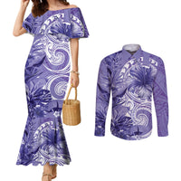 Polynesian Hibiscus Flower Tribal Couples Matching Mermaid Dress and Long Sleeve Button Shirt Violet Color