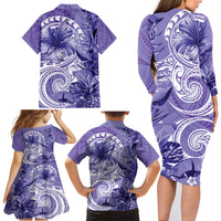 Polynesian Hibiscus Flower Tribal Family Matching Long Sleeve Bodycon Dress and Hawaiian Shirt Violet Color LT9 - Polynesian Pride