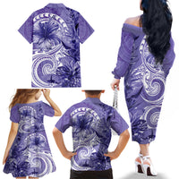 Polynesian Hibiscus Flower Tribal Family Matching Off The Shoulder Long Sleeve Dress and Hawaiian Shirt Violet Color LT9 - Polynesian Pride