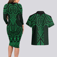 Kakariki Maori Ta Moko Poutama Art Couples Matching Long Sleeve Bodycon Dress and Hawaiian Shirt LT9 - Polynesian Pride