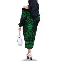 Kakariki Maori Ta Moko Poutama Art Family Matching Off The Shoulder Long Sleeve Dress and Hawaiian Shirt LT9 - Polynesian Pride