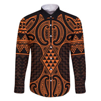 Karaka Maori Ta Moko Poutama Art Family Matching Off The Shoulder Long Sleeve Dress and Hawaiian Shirt LT9 Dad's Shirt - Long Sleeve Gold - Polynesian Pride