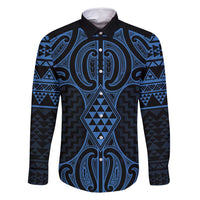 Kikorangi Maori Ta Moko Poutama Art Family Matching Tank Maxi Dress and Hawaiian Shirt LT9 Dad's Shirt - Long Sleeve Blue - Polynesian Pride