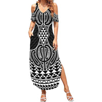 Ma Maori Ta Moko Poutama Art Family Matching Summer Maxi Dress and Hawaiian Shirt LT9 Mom's Dress White - Polynesian Pride