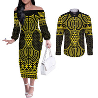 Mahi-dawg Maori Ta Moko Poutama Art Couples Matching Off The Shoulder Long Sleeve Dress and Long Sleeve Button Shirt