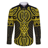 Mahi-dawg Maori Ta Moko Poutama Art Family Matching Long Sleeve Bodycon Dress and Hawaiian Shirt LT9 Dad's Shirt - Long Sleeve Yellow - Polynesian Pride