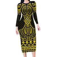 Mahi-dawg Maori Ta Moko Poutama Art Long Sleeve Bodycon Dress LT9 Long Dress Yellow - Polynesian Pride