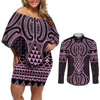 Mawhero Maori Ta Moko Poutama Art Couples Matching Off Shoulder Short Dress and Long Sleeve Button Shirt