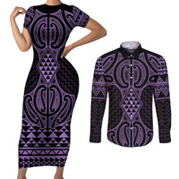 Waiporoporo Maori Ta Moko Poutama Art Couples Matching Short Sleeve Bodycon Dress and Long Sleeve Button Shirt