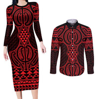 Whero Maori Ta Moko Poutama Art Couples Matching Long Sleeve Bodycon Dress and Long Sleeve Button Shirt