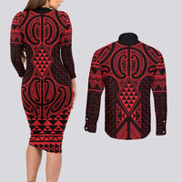 Whero Maori Ta Moko Poutama Art Couples Matching Long Sleeve Bodycon Dress and Long Sleeve Button Shirt