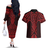 Whero Maori Ta Moko Poutama Art Couples Matching Off The Shoulder Long Sleeve Dress and Hawaiian Shirt LT9 - Polynesian Pride